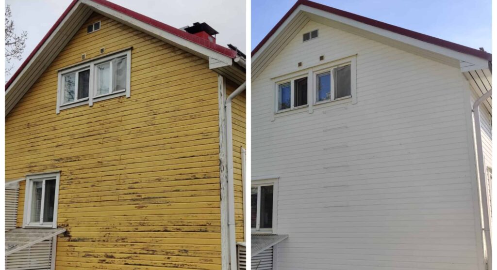 Rintamamiestalon ulkoverhous ennen ja jälkeen talon maalauksen