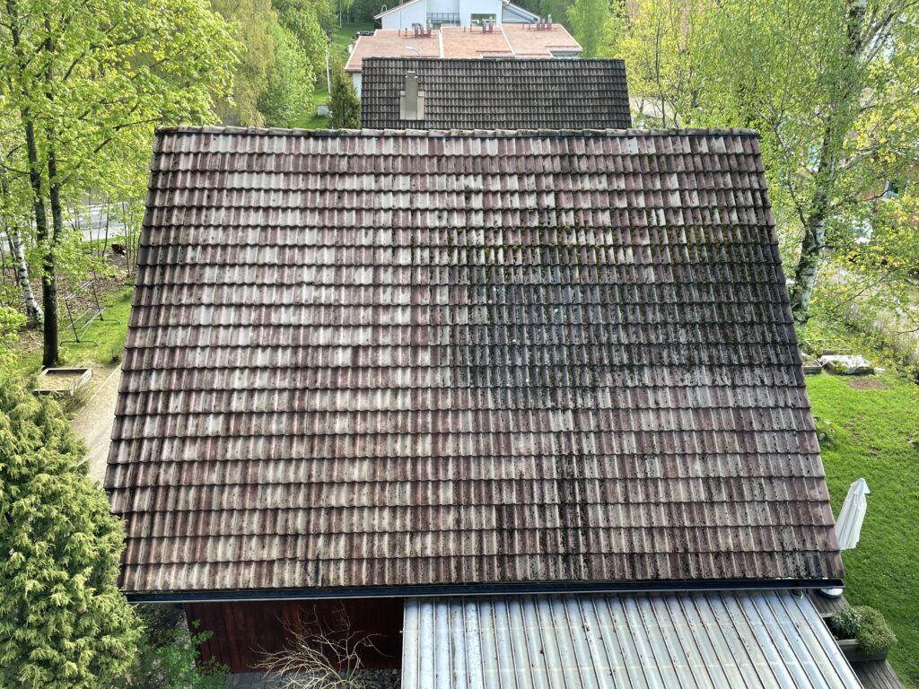 Sammaleen ja lian peittämä tiilikatto, joka kaipaa tarkastusta